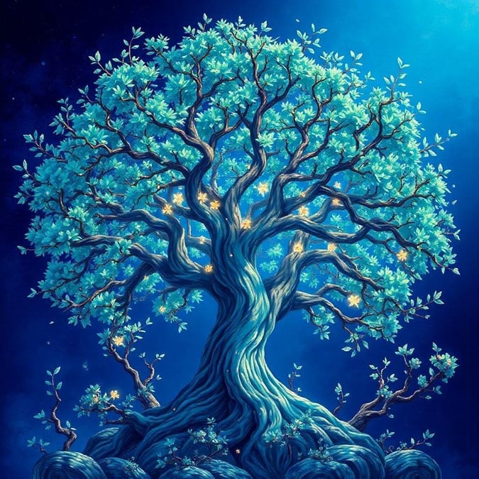 This stunning anime illustration showcases a magical tree with branches that weave into Kanji characters, set against a dark blue background.