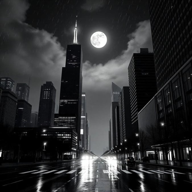 A stunning black and white cityscape at night, with the moon shining brightly in the sky.