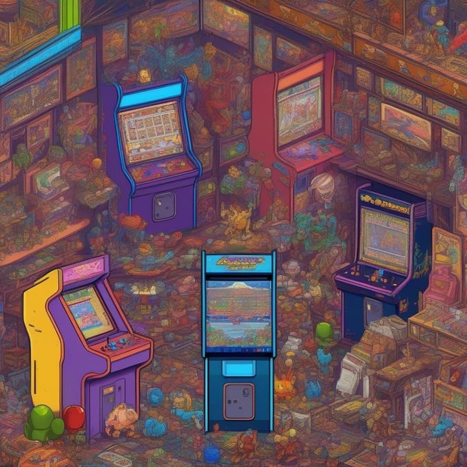 Step into a vibrant gaming world filled with the nostalgic charm of classic arcade machines.