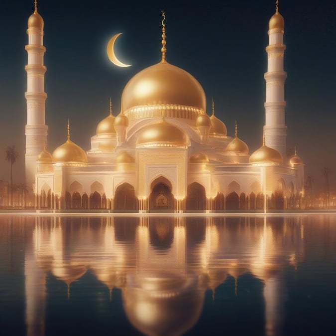 The grand mosque shines brightly against the sky as the day transitions to night, celebrating faith and spirituality.