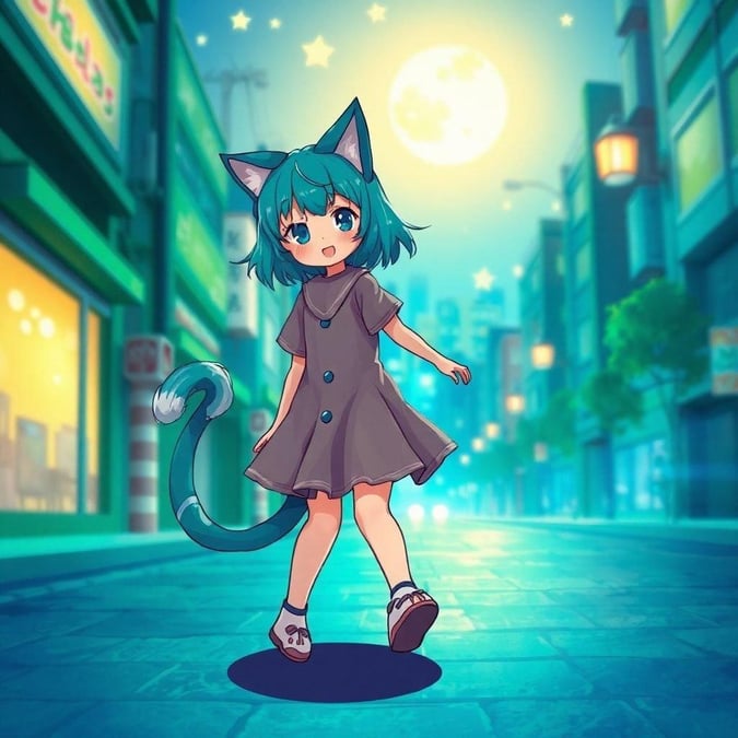 Este papel de parede de estilo anime apresenta uma jovem com orelhas e cauda de gato passeando por uma rua à noite, cercada por uma vibrante paleta de cores verdes e azuis. O rosto e a pelagem da garota são intrincadamente detalhados, conferindo à imagem uma sensação de anime.