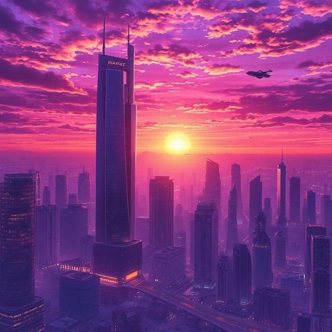 Immerse yourself in the breathtaking beauty of a futuristic city at sunset, where towering skyscrapers and flying cars harmonize with the vibrant purple sky.