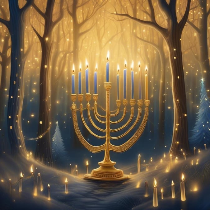 Celebrate the Festival of Lights with this stunning Hanukkah wallpaper featuring a beautiful menorah in the forest. The golden menorah is surrounded by tall trees and twinkling lights, creating a magical and festive atmosphere. Perfect for adding a touch of Hanukkah spirit to your desktop or mobile device.