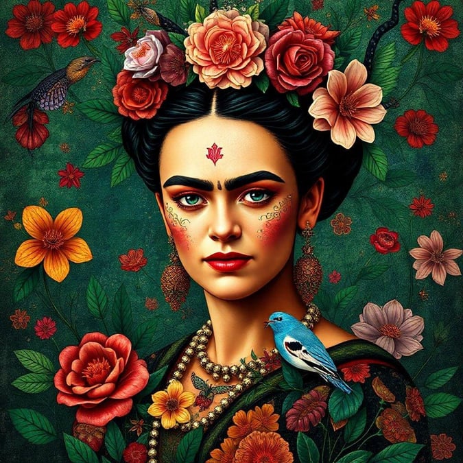 A vibrant tribute to the iconic Mexican painter, Frida Kahlo. This artwork captures her spirit and style in a colorful and modern take on classic portraiture.