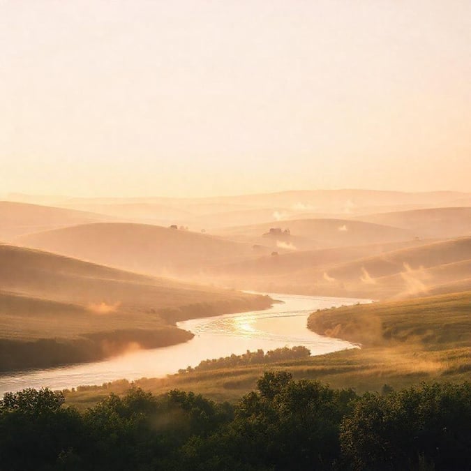 A beautiful and peaceful landscape with a serene river flowing through it, perfect for a relaxing wallpaper.