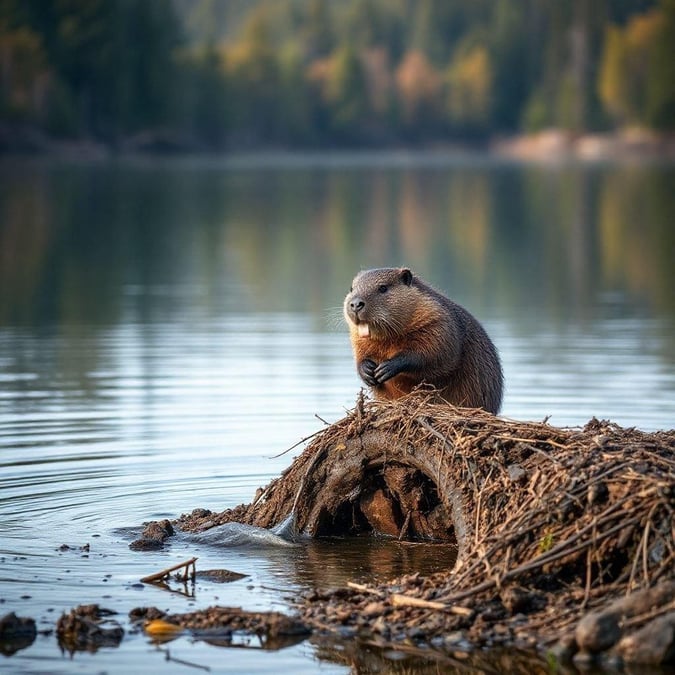 An adorable beaver surveys its surroundings near a serene river. This wallpaper captures the charm of wildlife amidst a peaceful landscape.