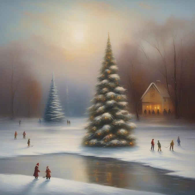 This festive scene captures the joyful spirit of Christmas with Santa Claus village bustling with activity. Children are skating on a frozen pond, while villagers enjoy a warm gathering around the fireplace in the background. The iconic evergreen trees line the streets, adding to the holiday charm.