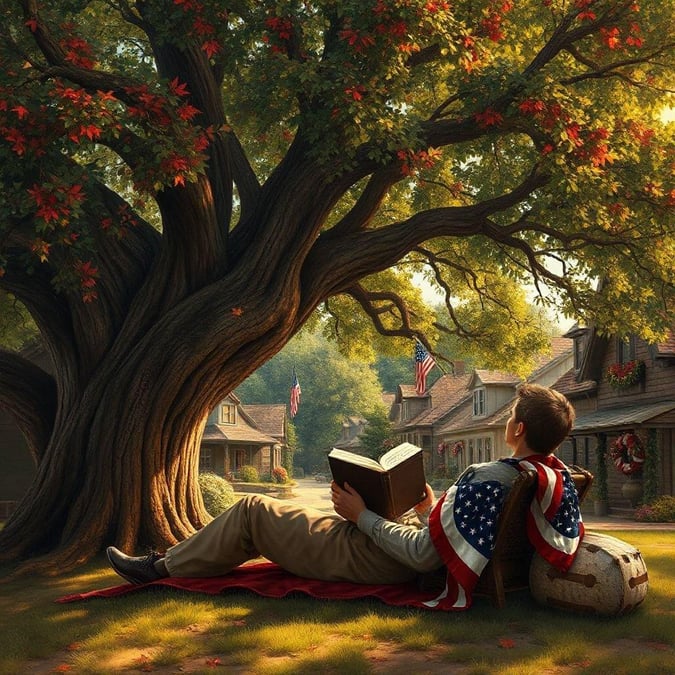 An American man enjoys a quiet moment by reading a book beneath the shade of an oak tree on Independence Day.