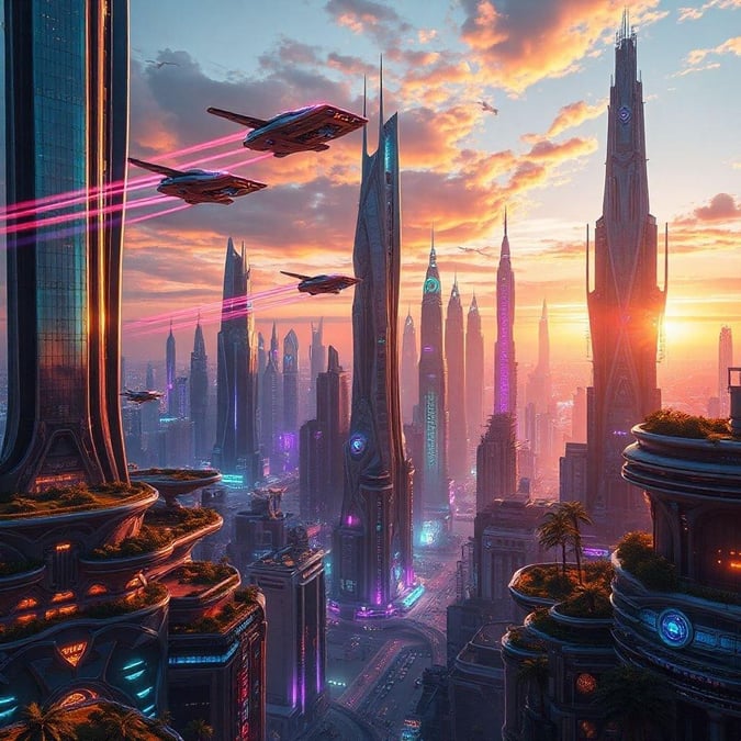 A vibrant cityscape at dusk with tall, modern skyscrapers against a glowing sky. Flying cars and hover bikes add to the advanced tech atmosphere.