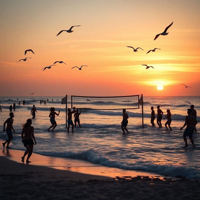 A lively game of beach volleyball unfolds as the sun sets, with a net set up on the sandy shore. Seagulls soar overhead against an orange sky.