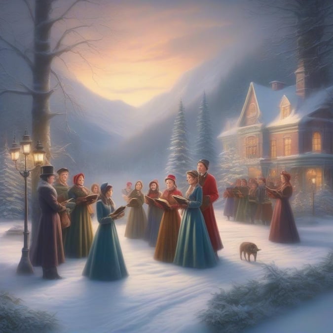 This festive winter scene captures the joy of holiday celebrations. A group of people, bundled up in warm clothing, are gathered around a lamppost at dusk to sing carols. The snow-covered ground and trees add to the wintry ambiance, while the glow from nearby windows hints at a cozy gathering inside the house.