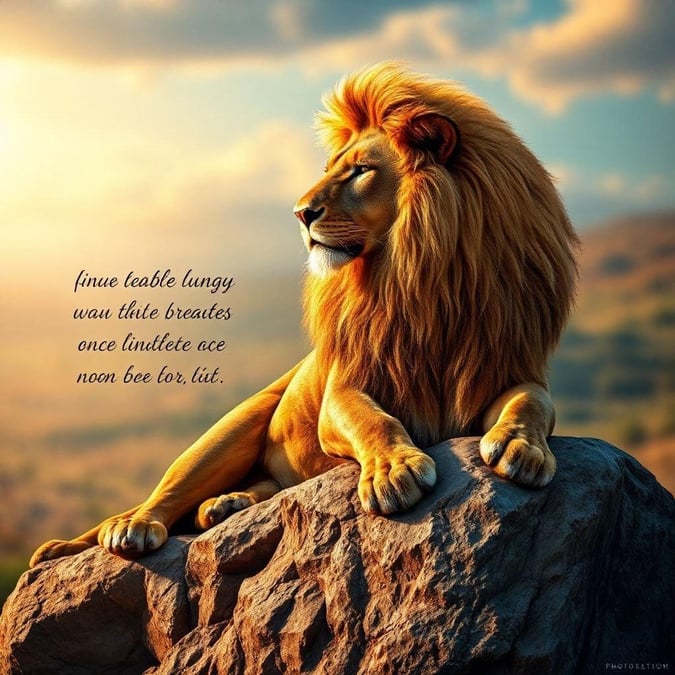 A majestic lion stands atop a rocky outcropping with an inspirational quote beneath.