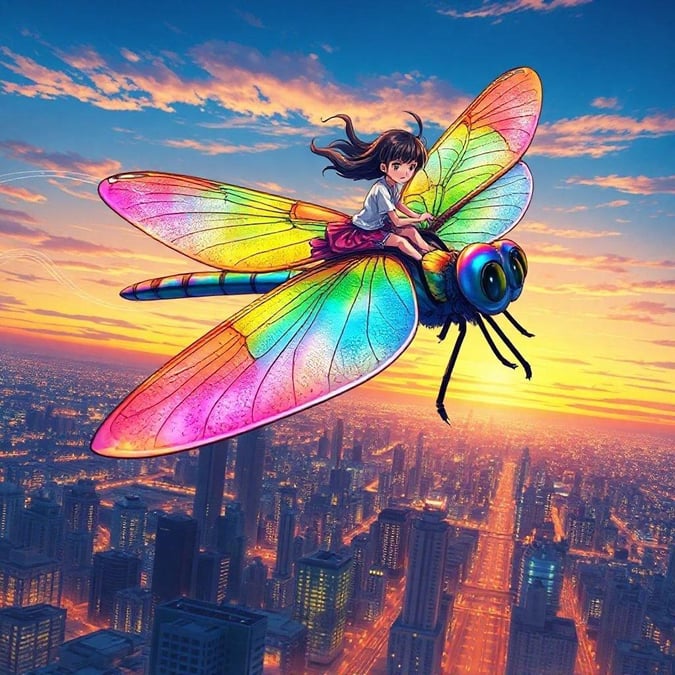 Experience the thrill of a young girl riding a giant rainbow-colored dragonfly over a city skyline in this stunning anime illustration. The warm hues of blue, green, and yellow create a captivating scene that's both dynamic and visually striking.