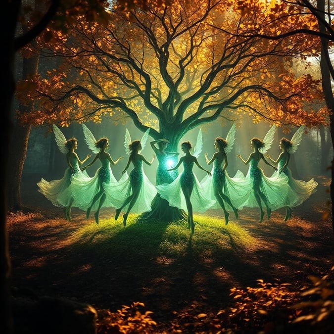 Under the enchanting shade of a tree blooming with autumn leaves, six ethereal fairies gather in a magical circle. Their delicate wings glisten with colors from the forest around them, as they hold hands in unity and dance in unison. This fairy gathering is a sight to behold, full of harmony and mystic beauty.