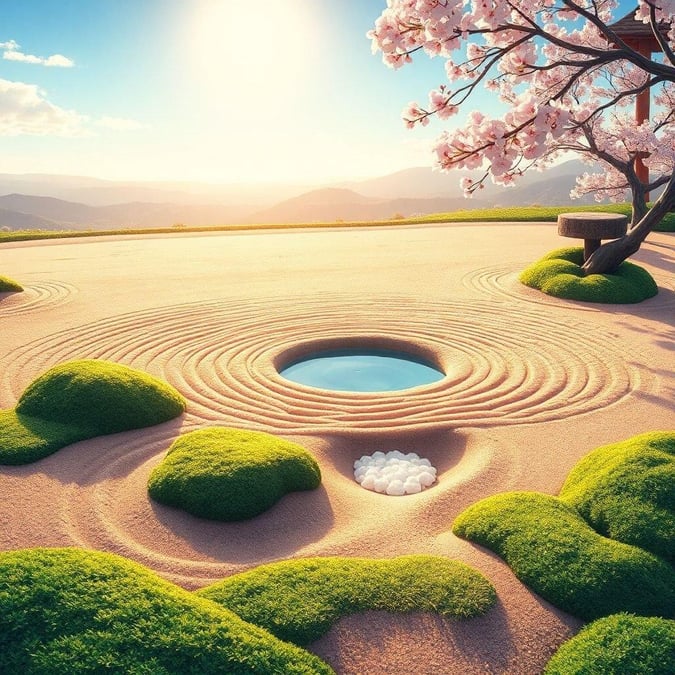 Immerse yourself in the tranquility of this anime-inspired Zen garden, where raked sand and a serene water feature blend in perfect harmony.