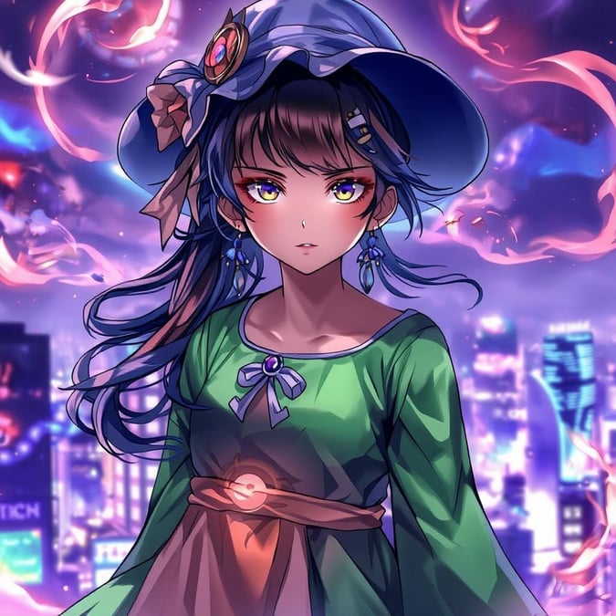 In a city that never sleeps, a young girl wearing a vibrant green dress and a blue hat stands out amidst the urban jungle. Her gaze seems to reach beyond the lights and colors of the cityscape, creating an ethereal connection with the viewer.