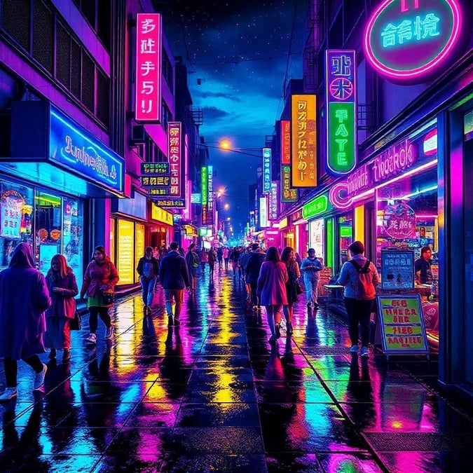 Bustling city street at night, with neon signs casting colorful lights that reflect on the rain-soaked pavement. Urban atmosphere, vibrant colors.