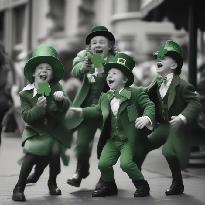 Get into the spirit of St. Patrick's Day with this fun wallpaper featuring a group of children dressed in green suits and hats, holding shamrocks and laughing. The image captures the joy and excitement of the holiday, making it perfect for anyone looking to add a touch of Irish luck to their desktop or mobile device.