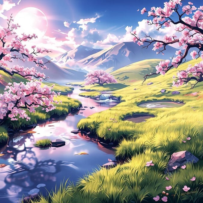 Immerse yourself in the serene beauty of this anime-style landscape wallpaper, featuring a winding river, cherry blossoms, and tranquil ponds.