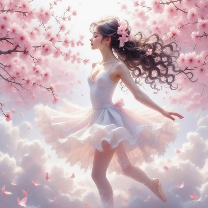 This captivating anime-style wallpaper features a delicate ballerina dancing gracefully on a cloud of cherry blossoms, surrounded by a blurred background of pink cherry blossoms.