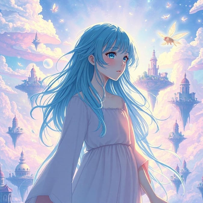 This captivating anime wallpaper transports you to a surreal, fantastical world where a young girl with cascading hair stands amidst floating islands and ethereal creatures. The illustration's vibrant palette and sense of motion create a dreamlike atmosphere, inviting you to explore the mysteries of this otherworldly realm.