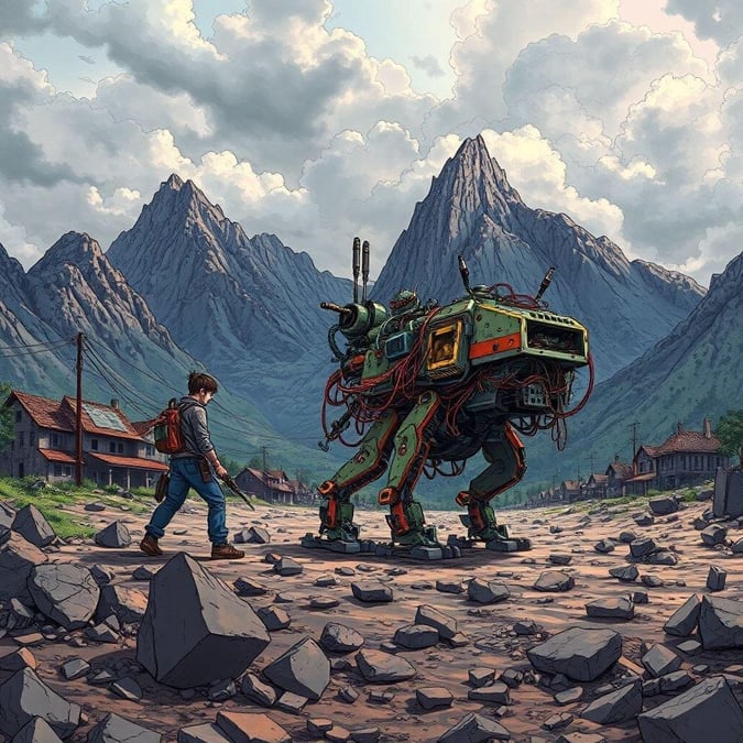 Step into a world of post-apocalyptic anime, where a lone survivor pilots a robotic mech amidst a mysterious village, towering mountains, and a cloudy sky.