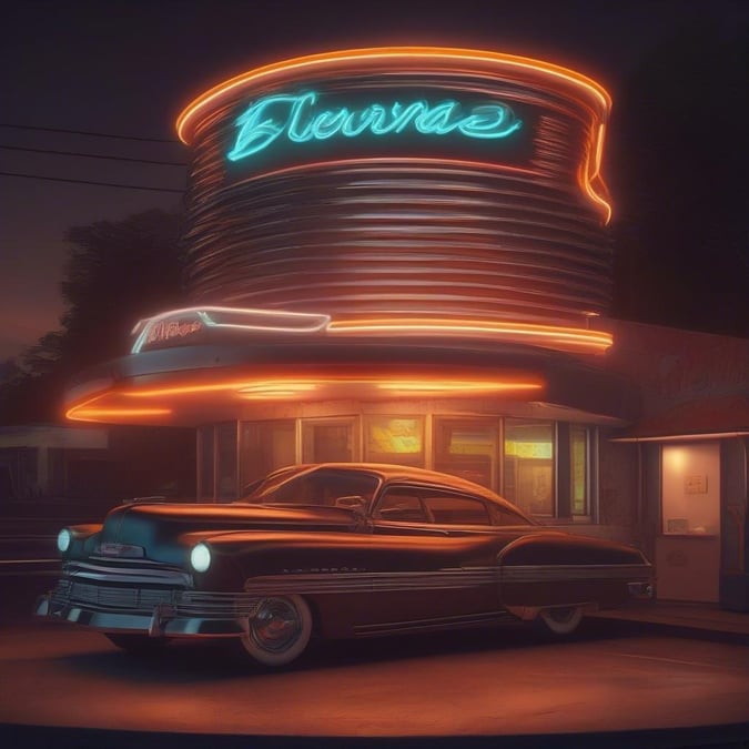 A vintage-style illustration of a diner at night, with a classic car parked outside and a neon sign reading 'Bleuva' in cursive script.