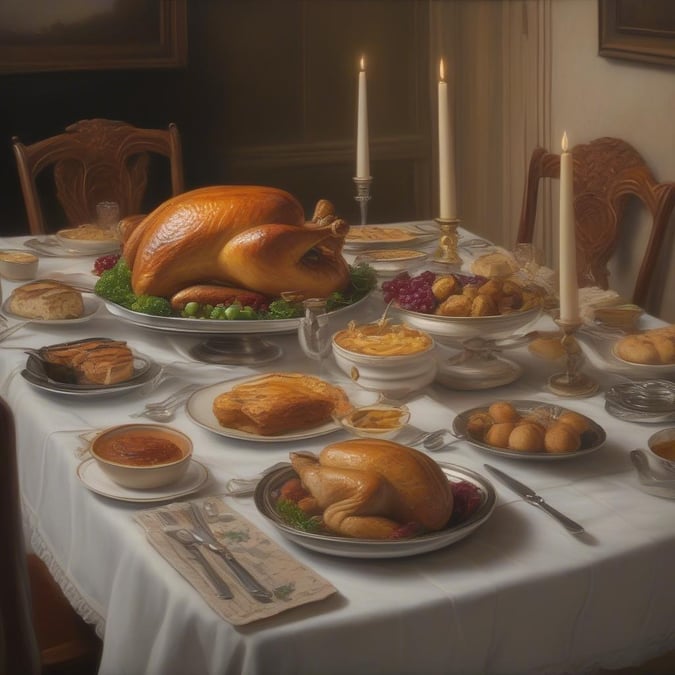 This wallpaper captures the essence of a traditional Thanksgiving feast, with a beautifully set table and an abundance of delicious food.