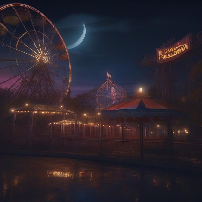 An inviting scene from the county fair, captured as night falls. The Ferris wheel stands tall against a darkening sky, with its twinkling lights casting a warm glow over the amusement park below.