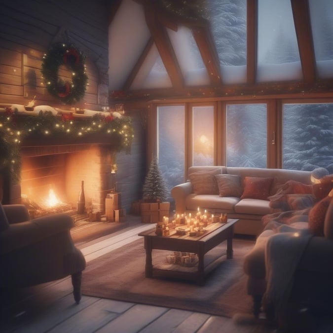 This warm holiday scene captures the heart of winter celebrations, where family gather around a crackling fire. The room is adorned with festive decorations including a lit Christmas tree in the background and vibrant garlands across the mantel. Surrounded by plush seating, it's an ideal setting for cozy conversations or peaceful moments of relaxation during the holiday season.