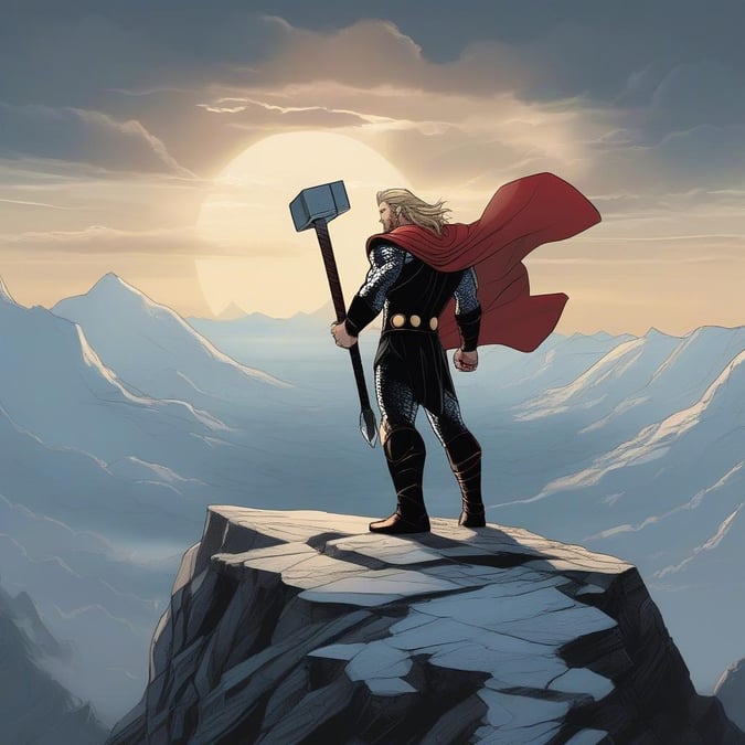 Thor, le puissant super-héros, se tient avec confiance sur une falaise escarpée, regardant une chaîne de montagnes à couper le souffle. Son marteau emblématique, Mjolnir, est fermement tenu dans sa main, prêt à libérer sa puissance incroyable.