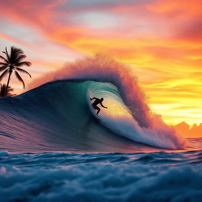 This stunning image captures the thrill and beauty of surfing at sunset. The surfer, dressed in a wetsuit, is seen riding the waves with ease, their board gliding smoothly through the water. The vibrant colors of the sky, with hues of orange, pink, and purple, create a breathtaking backdrop for the scene. The image conveys a sense of freedom and exhilaration, as the surfer revels in the joy of riding the waves.