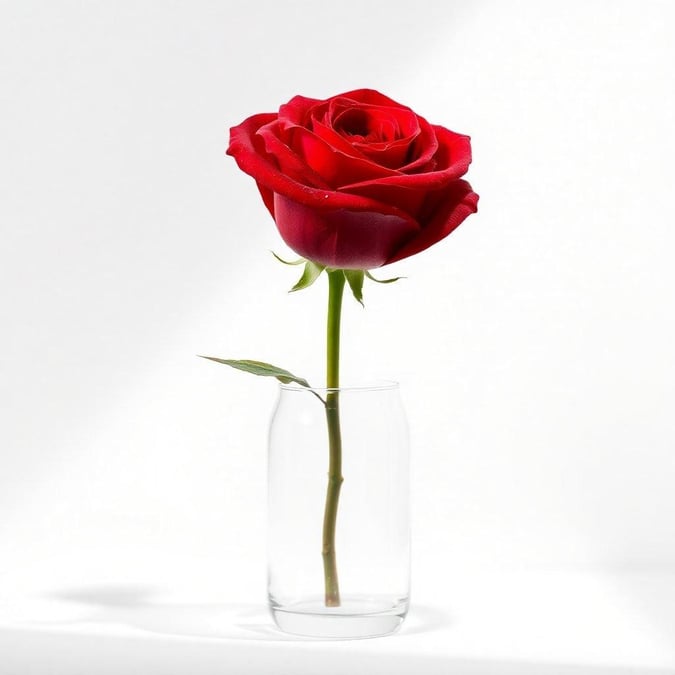 A single vibrant red rose, symbolizing love and romance, set against a minimalist backdrop that emphasizes the beauty of simplicity.