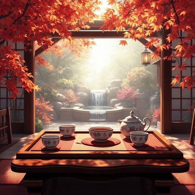 Experience the serenity of a traditional Japanese tea ceremony in this beautiful anime illustration. The scene is set on a serene patio surrounded by autumn foliage, a small waterfall, and a peaceful atmosphere. The warm and cool tones blend harmoniously to create a sense of calm and tranquility.