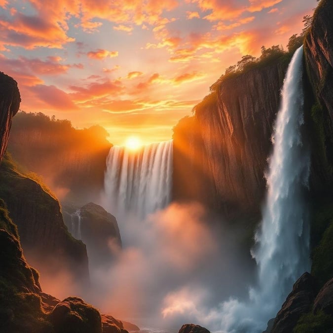 This beautiful wallpaper features a breathtaking sunset over a stunning waterfall. The sky is painted with hues of orange, pink, and purple, creating a serene and peaceful atmosphere.