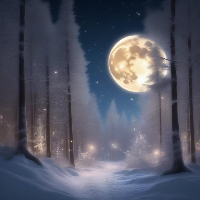 This serene winter scene captures the beauty of a full moon shining brightly in a snowy forest. The moonlight casts a magical glow on the snow-covered trees, creating a peaceful and enchanting atmosphere. The image is perfect for those who love the tranquility of winter nights.