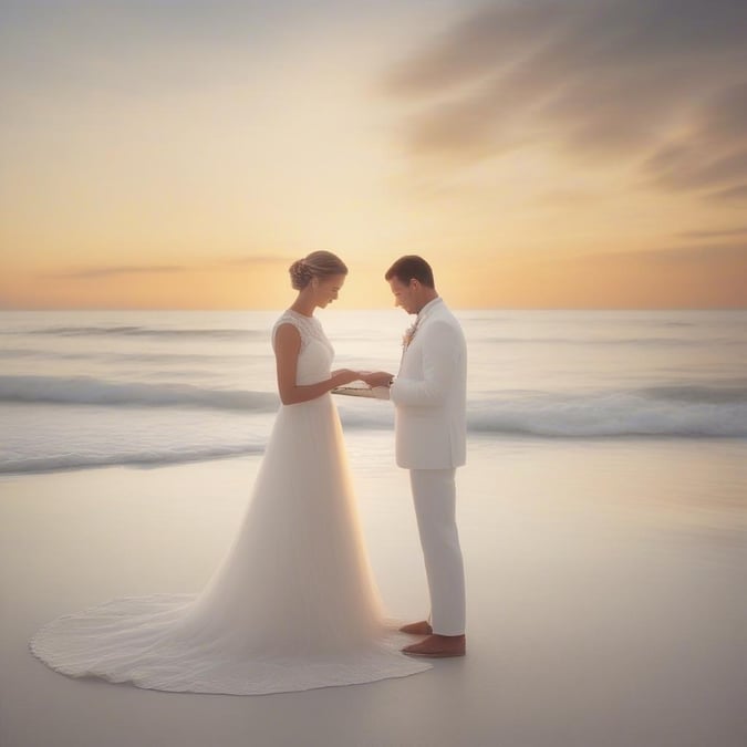 A beautiful couple shares a tender moment as they exchange vows on a sunlit beach. Their love shines brightly against the backdrop of the ocean.