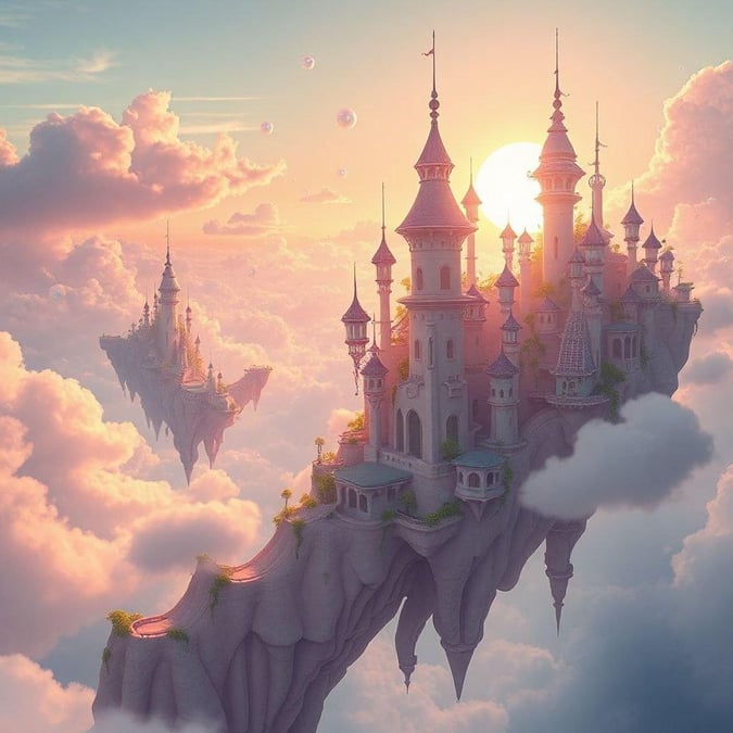 This image depicts a breathtaking floating city in the clouds, a place where fantasy and reality blend seamlessly. The city's architecture is a mix of medieval and futuristic elements, with towering spires and grand buildings that seem to defy gravity. The sky is a brilliant blue, with only a few wispy clouds scattered across it, and the sun shines down on the city, casting a warm glow over everything.