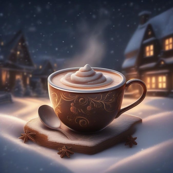 A cozy winter drink served in a festive mug, accompanied by a spoon on a snowy night. Perfect for holiday gatherings.