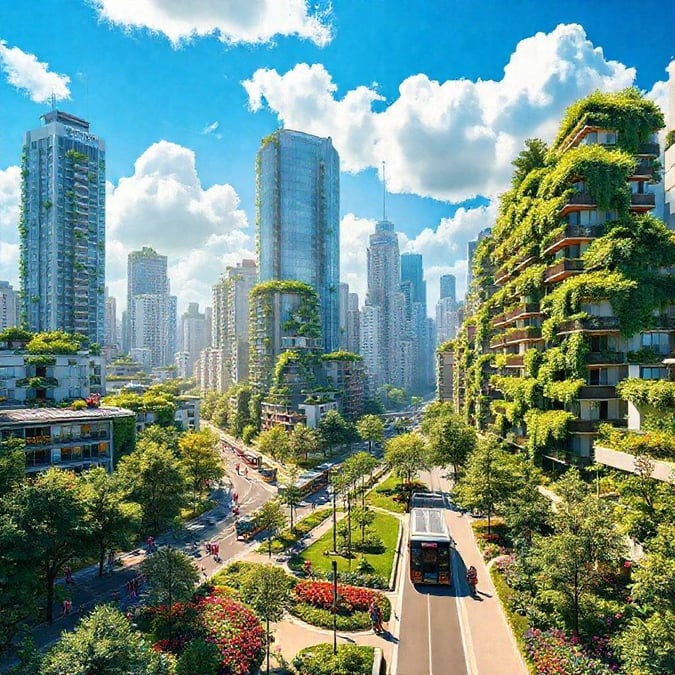 This stunning cityscape wallpaper brings the beauty of urban architecture to your desktop or mobile device. The image showcases a modern city with sleek skyscrapers and lush greenery, creating a harmonious blend of nature and human ingenuity. Perfect for those who appreciate the intersection of urban design and natural beauty.