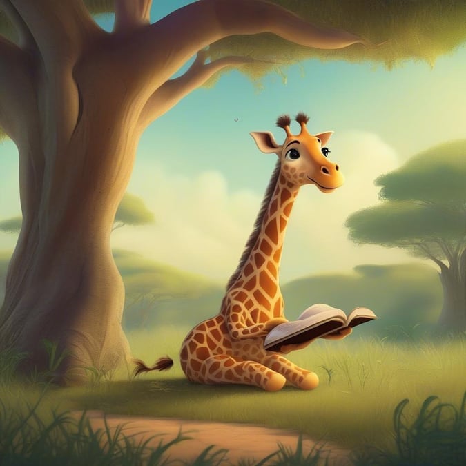 In this delightful scene, a cartoon giraffe finds solace in the pages of a book. Seated comfortably on the grassy field beneath a tree, the giraffe is engrossed in its storytelling journey.