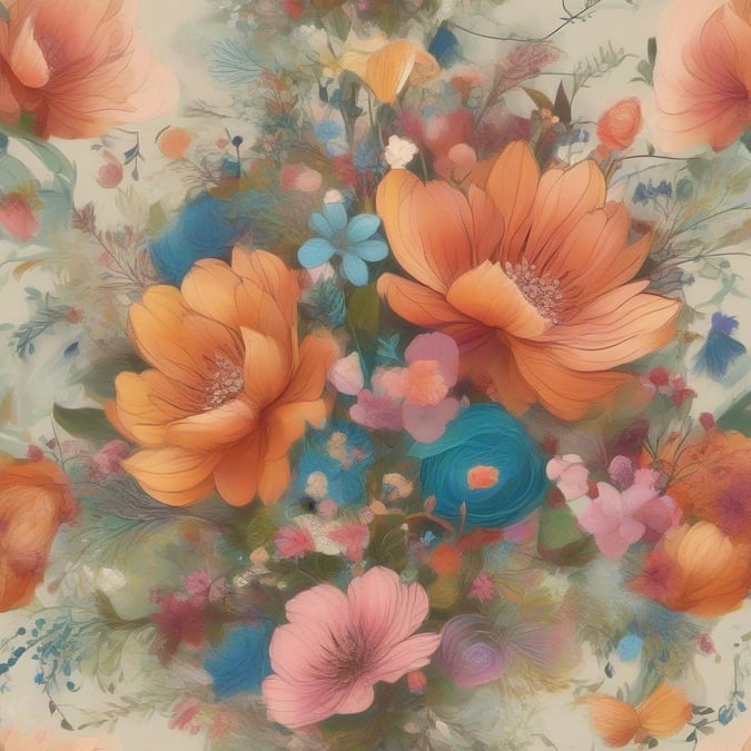 Add a splash of color to your desktop with this beautiful floral wallpaper. The image features a variety of flowers in shades of orange, pink, blue, and green on a light background, creating an appealing pattern that can brighten up any space.