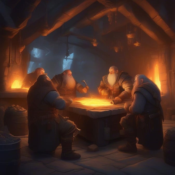 This fantasy wallpaper features a group of dwarves in a workshop, surrounded by tools and materials. The dwarves are busy at work, crafting and building something new. The workshop is dimly lit, with only a few candles and lanterns providing light. The atmosphere is cozy and intimate, with the dwarves working together in harmony.