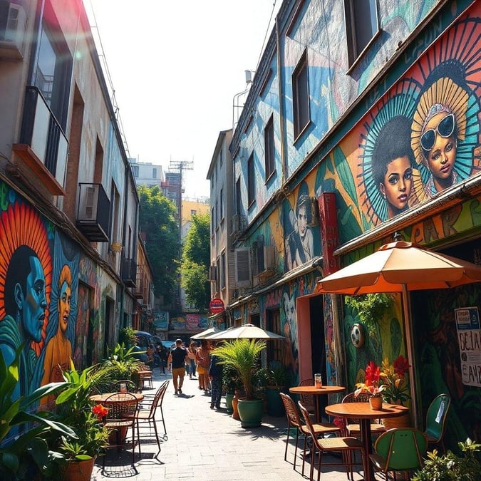 This stunning image captures the essence of Barcelona's vibrant cityscape, featuring a picturesque alleyway adorned with colorful murals and lush greenery. The mural artistry brings the city's rich cultural heritage to life, while the natural beauty of the plants adds a touch of serenity to the urban landscape. This image is perfect for anyone who loves exploring the unique blend of art, architecture, and nature that Barcelona has to offer.