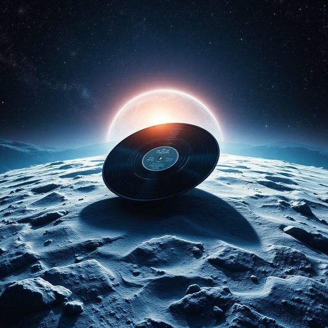 A vinyl record with a futuristic design, resting on the moon's surface, symbolizing music reaching for the stars.