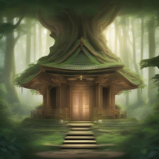 Immerse yourself in the enchanting world of anime with this detailed digital illustration. This mystical shrine is nestled deep within a foggy forest, surrounded by ancient trees and mist that add to its allure. The intricate carvings on the brown structure contrast beautifully with the green moss that has claimed it as home. A circular base anchors the shrine in the earth, while a mysterious central figure draws you into this captivating scene.