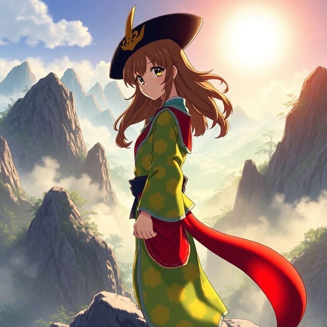 This anime illustration features a young samurai girl standing on a mountain peak, looking back over her shoulder with a confident expression. Her green and yellow patterned body and red tail are striking against the misty forest background, with tall trees and a bright sky creating an anime-like atmosphere.