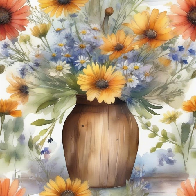 A vibrant bouquet of daisies, bluebells, and cornflowers in a wooden jug, making for a cheerful wallpaper to brighten any desktop or mobile screen.