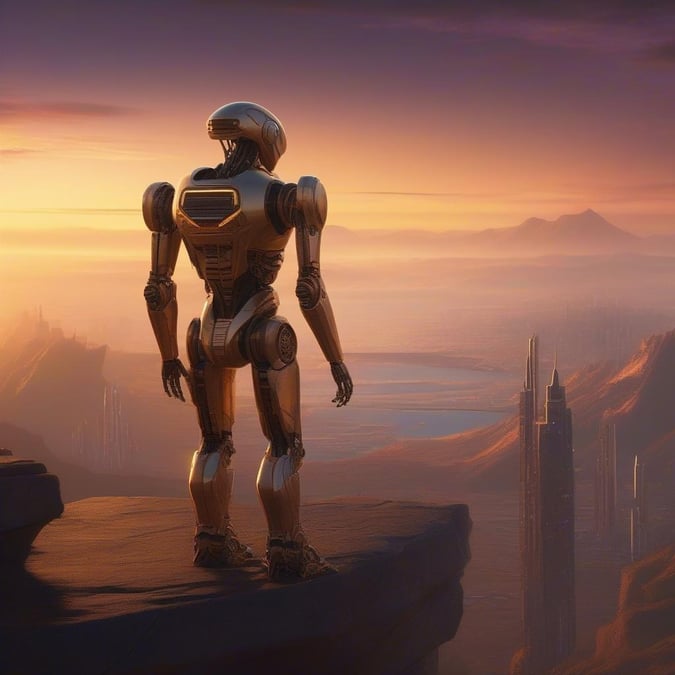 A solitary robot stands on a barren landscape, contemplating the distant horizon as stars begin to twinkle overhead. The vast desert and towering mountains in the backdrop evoke a sense of isolation and the limitless possibilities of advanced technology.