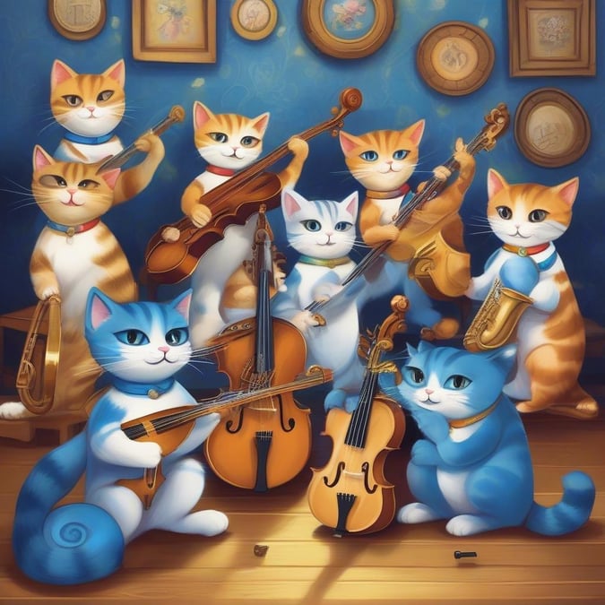 Mach dich bereit, von diesem niedlichen Anime-Hintergrundbild verzaubert zu werden, das eine Gruppe von Katzen zeigt, die in einem gemütlichen Jazzclub Musikinstrumente spielen. Die zentrale Katze mit ihrem großen runden Kopf und dem kleinen gelben Hut ist ein atemberaubendes blau-weißes Kaleidoskop, während die anderen in lässiger Kleidung gekleidet sind. Der verschwommene Hintergrund aus lebhaften Blau- und Grüntönen verleiht der Szene Tiefe und schafft eine bezaubernde Atmosphäre, die dich in eine Welt voller Fantasie und Wunder entführt. Egal, ob du ein Fan von Anime bist oder einfach nur nach einem einzigartigen und auffälligen Hintergrundbild suchst, dieses Bild wird dich sicher erfreuen.